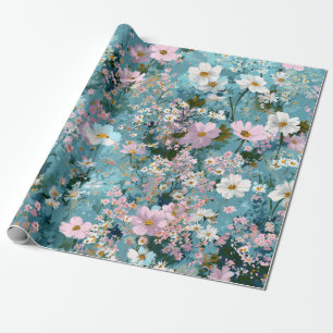 Papier Cadeau Bleu Vert Rose Fleur Ditsy Bohème Vintage 70s