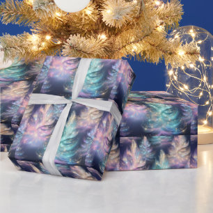 Papier Cadeau Bleu vert rose pourpre arbres Noël moderne