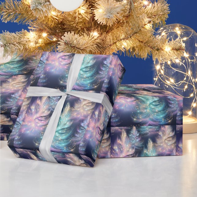 Papier Cadeau Bleu vert rose pourpre arbres Noël moderne (Vacances)