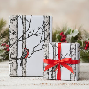 Papier Cadeau Bleus, grands bouleaux et oiseaux cardinaux rouges