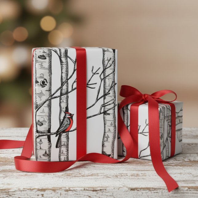Papier Cadeau Bleus, grands bouleaux et oiseaux cardinaux rouges (Festive Gray Winter Christmas Red Cardinal Wrapping Paper. Elegant Birch Forest Trees Birds Pattern)