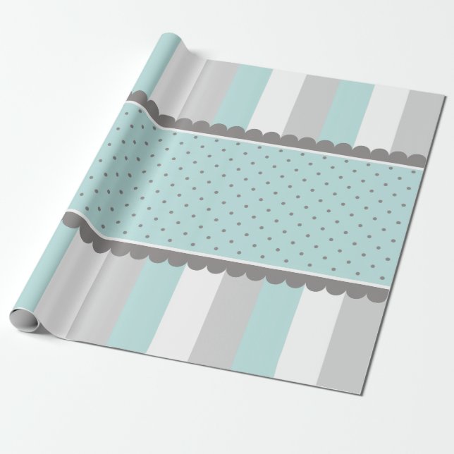 Papier Cadeau Bleus layette et rayures et pois mignons de gris (Déroulé)