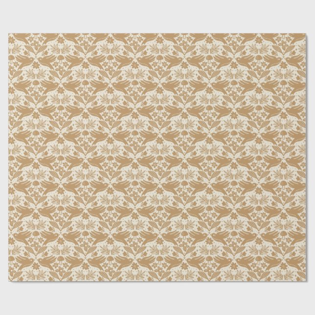 Papier Cadeau Block Print Birds with Florals | Beige & Gold Seam (Plat)