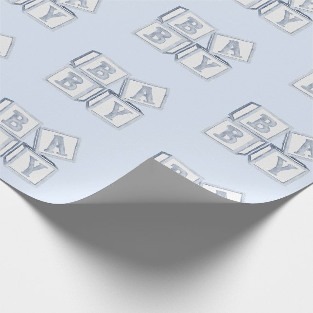 Papier Cadeau Blocs bébé Typographie Bleu Aquarelle Douche (Coin)