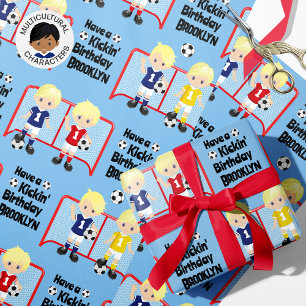Papier Cadeau Blonde Boy Soccer Anniversaire Personnalisé