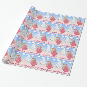 Papier Cadeau Blonde jumelle de filles - baby shower de cigogne