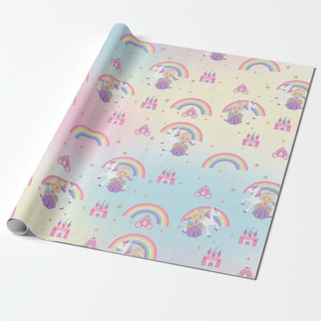 Papier Cadeau Blonde Princess et Unicorn Rainbow Birthday (Déroulé)