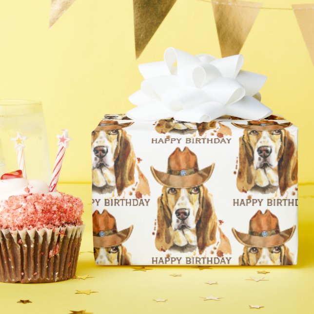 Papier Cadeau Bloodhof anniversaire avec Sheriff Cowboy Casquett (Fête d'anniversaire)
