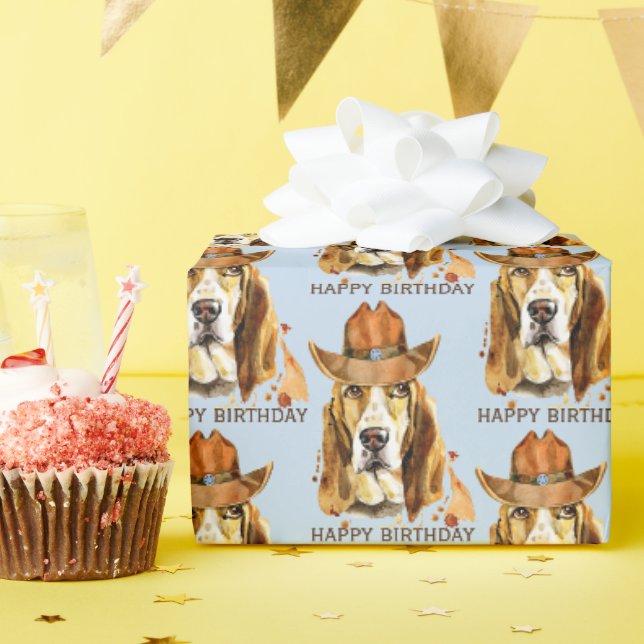 Papier Cadeau Bloodhof anniversaire avec Sheriff Cowboy Casquett (Fête d'anniversaire)