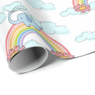 Papier Cadeau Blue Baby Elephant Arc-en-ciel Nuages enveloppant 