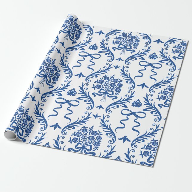 Papier Cadeau Blue Botanical Ribbon Bouquet (Déroulé)