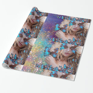 PAPIER CADEAU BLUE BUTTERFLY WITH GREEN GOLD SPARKLES
