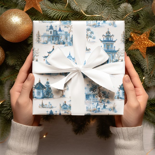 Papier Cadeau Blue Chinoiserie Christmas Village Wrapping Paper (Créateur téléchargé)