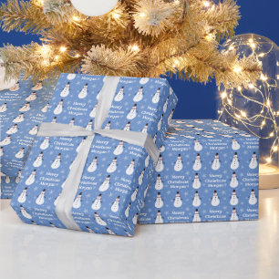 Papier Cadeau Blue Cute Snowman Snowflake Joyeux Noël Nom