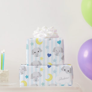 Papier Cadeau Blue et gris Elephant Motif Baby Boy Stried