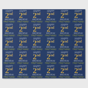 Papier Cadeau Blue, Faux Gold "HAPPY 2nd BIRTHDAY"