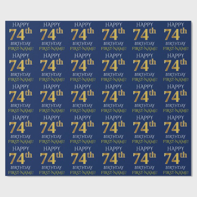 Papier Cadeau Blue, Faux Gold "HAPPY 74th BIRTHDAY" (Plat)