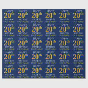 Papier Cadeau Blue, Faux Gold "HEUREUX 20e ANNIVERSAIRE"