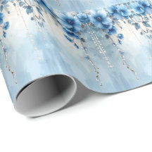Blue Flowers and Pearls Wrapping Paper