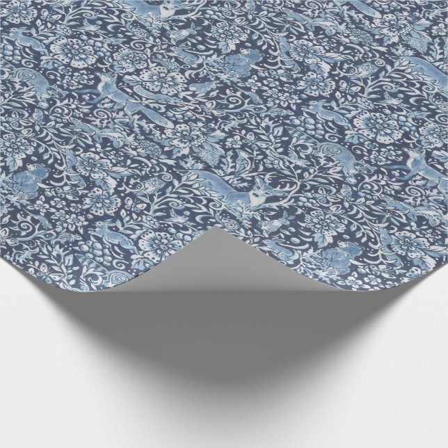 Papier Cadeau Blue Fox Rabbit Forêt animale Gros Bois Motif (Coin)