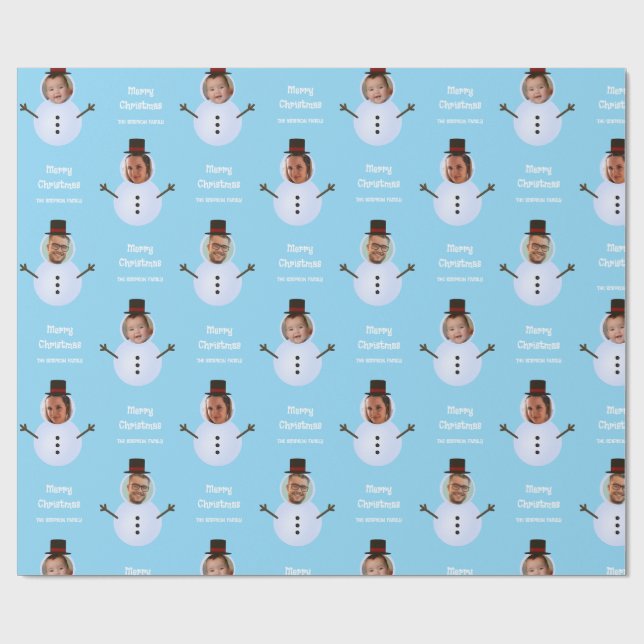 Papier Cadeau Blue Funky Custom Face Snowman Joyeux Noël (Plat)
