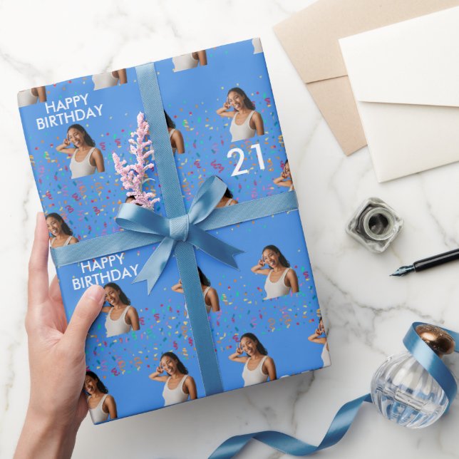 Papier Cadeau Blue Funny Custom Face Photo 21e fête d'anniversai (Cadeaux)