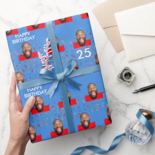 Papier Cadeau Blue Funny Custom Face Photo 25th Birthday Party