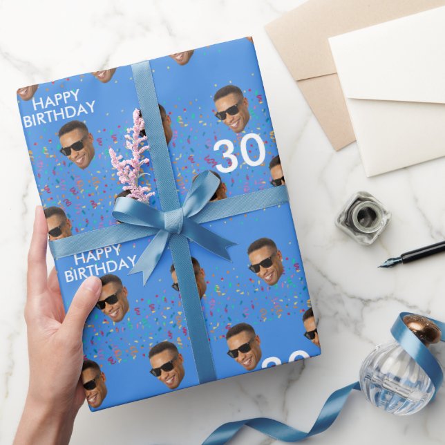 Papier Cadeau Blue Funny Custom Face Photo 30th Birthday Party (Cadeaux)