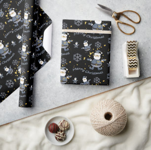 Papier Cadeau Blue Gold Denim Black Christmas Père Noël Motif