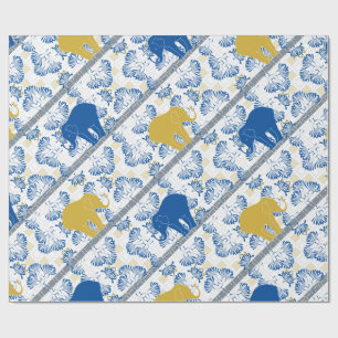 Papier Cadeau Blue Gold Elephant Floral Safari Jungle Motif