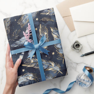 Papier Cadeau Blue Gold Feathers Stars Enterrement de Vie de Jeu