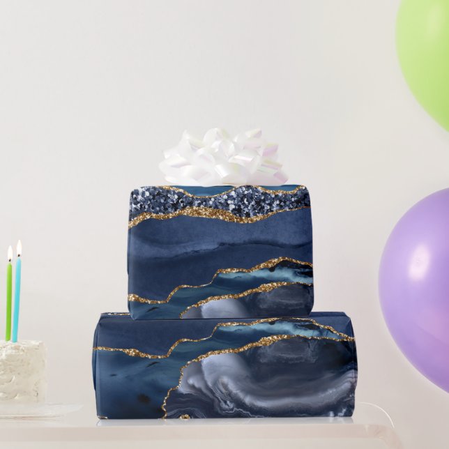 Papier Cadeau Blue Gold Glitter Agate Marbre Tendance Chic (Cadeaux de fête)
