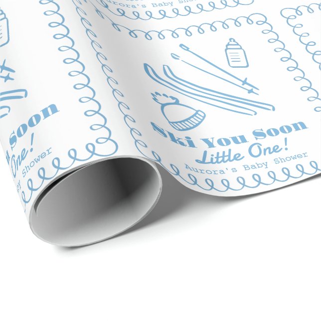 Papier Cadeau Blue Hand-Drawn Ski You Soon Boy Baby Shower (Coin rond)