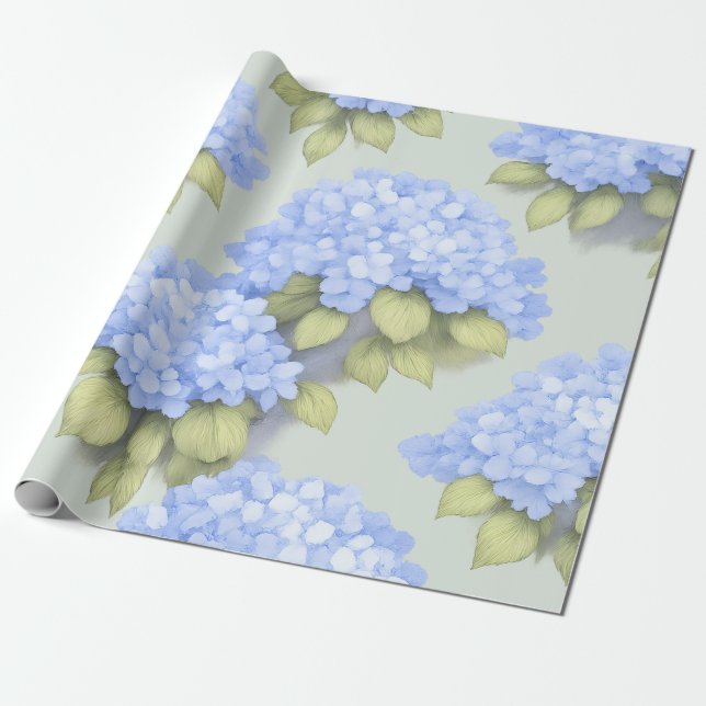 Papier Cadeau Blue Hydrangea Floral Wrapping Paper (Déroulé)