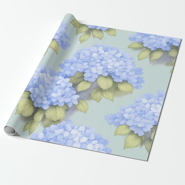 Papier Cadeau Blue Hydrangea Floral Wrapping Paper (Déroulé)