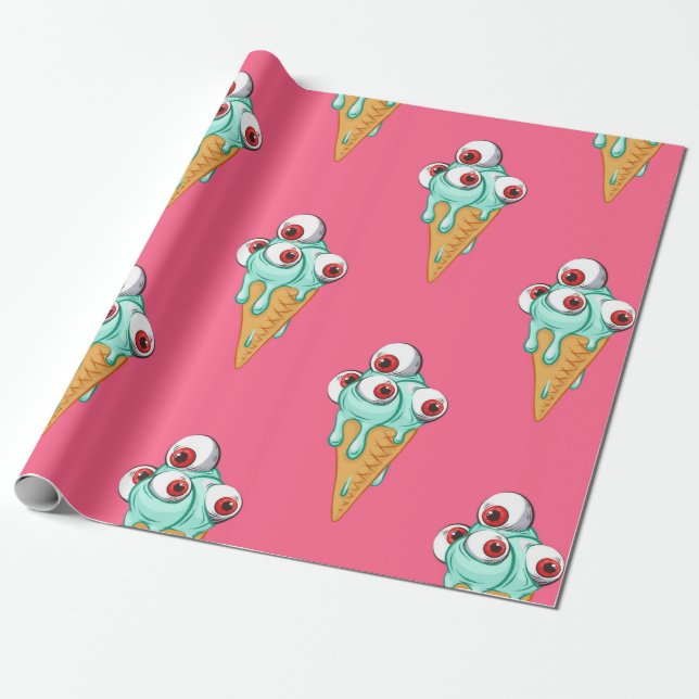 Papier Cadeau Blue ice cream with eyes. Pink background. Seamles (Déroulé)
