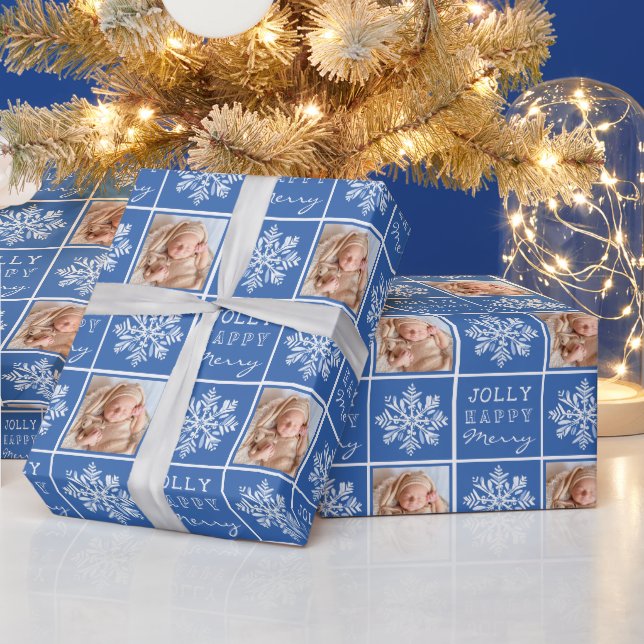 Papier Cadeau Blue Jolly Merry Snowflake Photo Noël (Vacances)