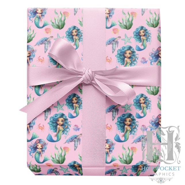 Papier Cadeau Blue Mermaids Gift Wrapping Paper in Pink (Créateur téléchargé)
