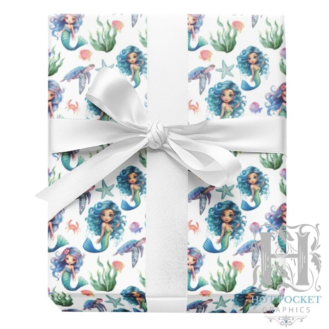 Papier Cadeau Blue Mermaids Gift Wrapping Paper in White (Créateur téléchargé)