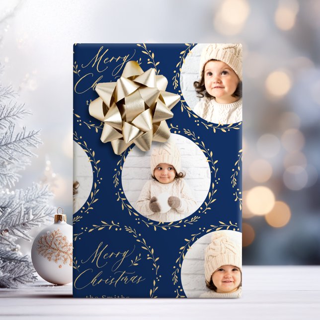 Papier Cadeau Blue Modern Script Merry Christmas Family 6 photo (Blue Modern Script Merry Christmas Family 6 photo Wrapping Paper)