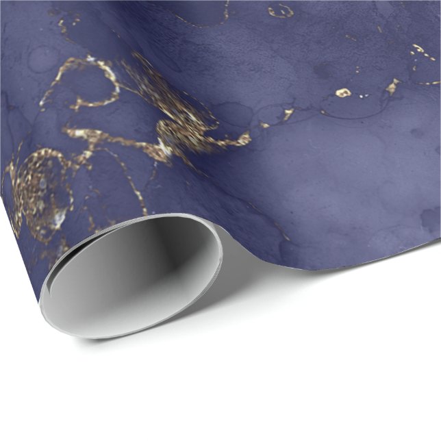 Papier Cadeau Blue Navy Gold Ink Grungy Marbre Abstrait noir (Coin rond)