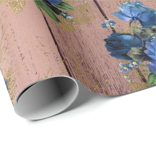 Papier Cadeau Blue Navy Rose Wood Rustic Floral Mariage mariée (Coin rond)