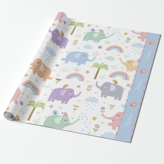 Papier Cadeau Blue Pastel Elephant Motif pour Little Boy Party (Déroulé)