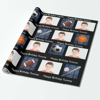 Papier Cadeau Blue Plaid & Sports avec photo Anniversaire