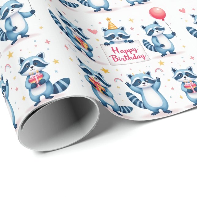 Papier Cadeau Blue Raccoon, fête d'anniversaire - Anniversaire (Coin rond)