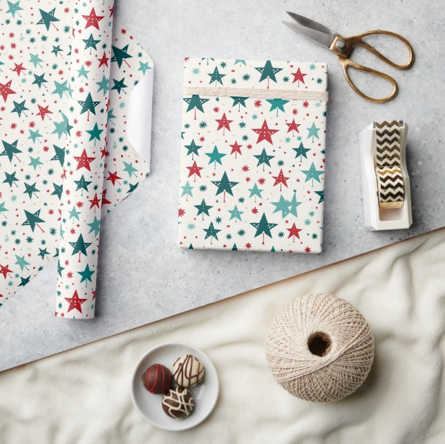 Papier Cadeau Blue Red Stars Festive Motif de vacances (Artisanat)