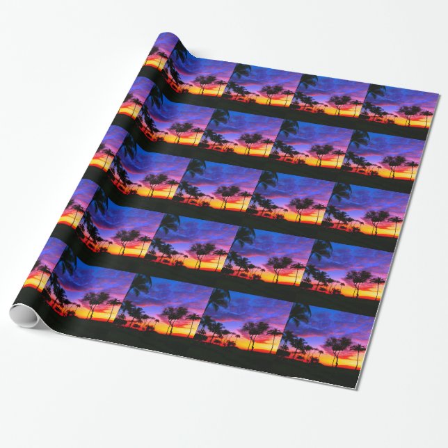 Papier Cadeau Blue Red Sunset Exotic Hawaiian Beach Palm Trees (Déroulé)