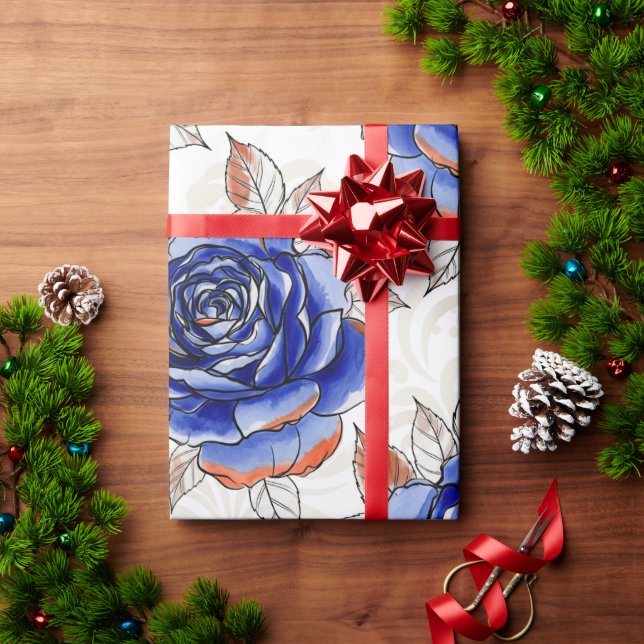 Papier Cadeau Blue Rose Watercolor Pattern Wrapping Paper (Cadeau de vacances)
