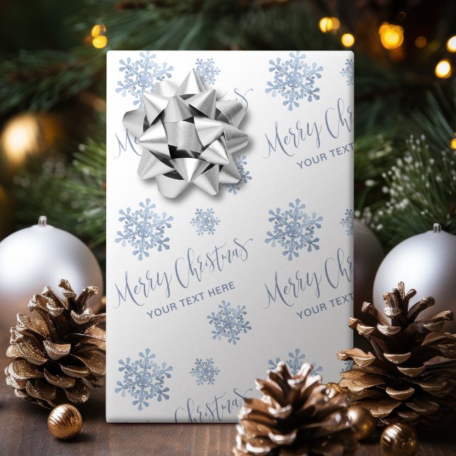 Papier Cadeau Blue Snowflakes Joyeux Noël Calligraphie personnal (Blue Snowflakes Merry Christmas Calligraphy Custom Wrapping Paper)