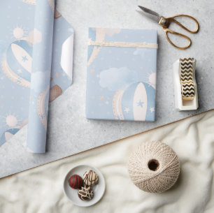 Papier Cadeau Blue Taupe Air Balloons Étoiles Nuages Garçon Douc